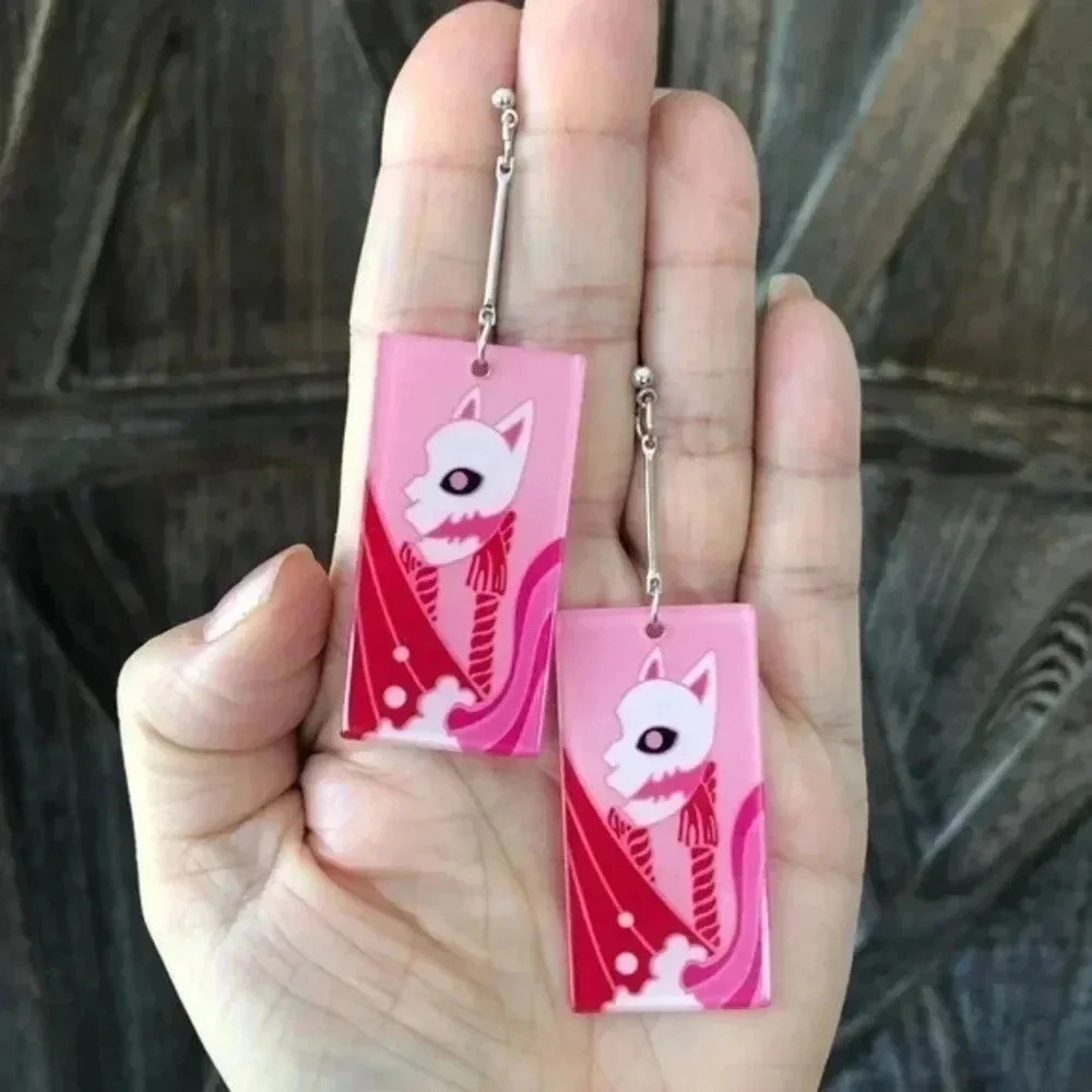 Pink Cat Retro Pop Asian Anime Style Rectangle Resin Drop Earrings A NWT